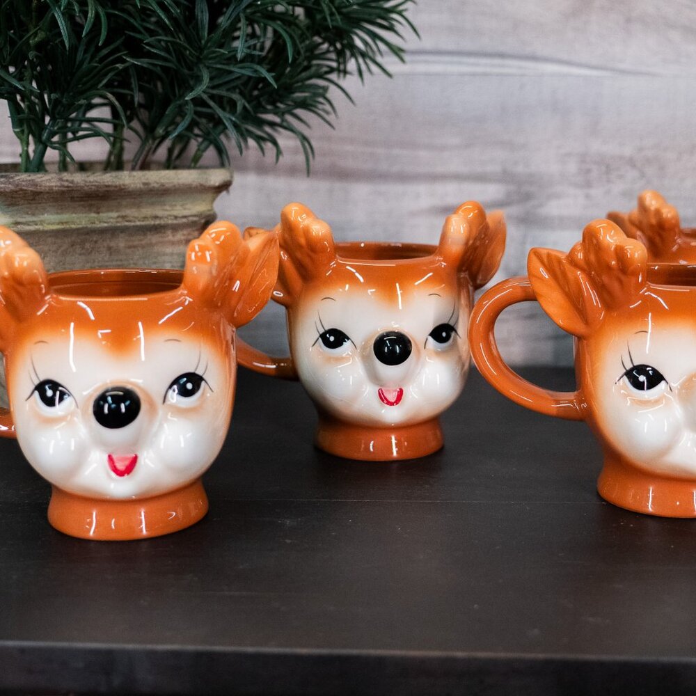 Pottery Barn Handcrafted Cute Cheeky Reindeer Holiday Mugs 12oz - Set of 4